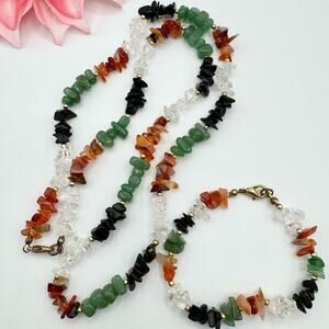 Gemstone Chip Black Tourmaline Aventurine Quartz Carnelian Necklace Bracelet Set